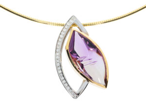 H2560-7RoW-OEES Anhänger mit Ametrin Navette, modern geschliffen, gefasst in Roségold 750/- und 25 Brillanten von zus. 0,25ct Tw-vs, gefasst in Weißgold 750/-